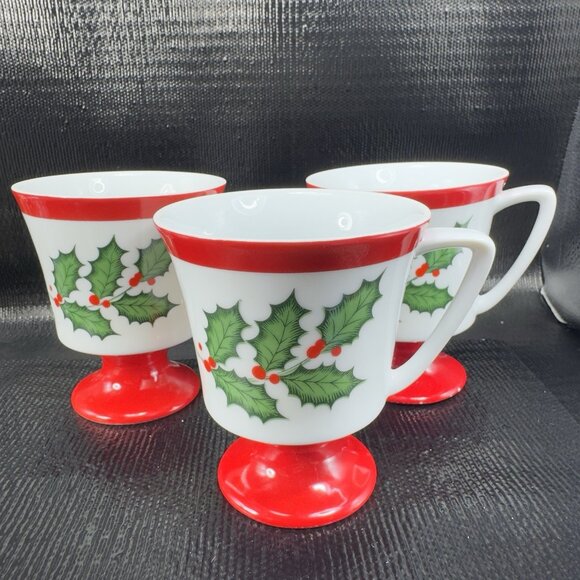 Seyei Christmas Holly Leaf Fine China Porcelain Pedestal Coffee Cups Mugs Set 3 - Picture 1 of 14